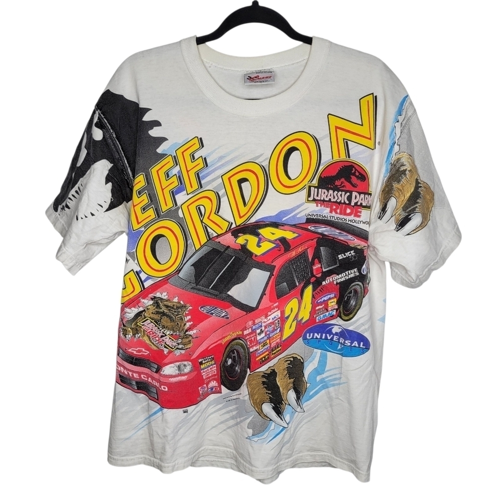 Vintage 90s NASCAR Jeff Gordon Jurassic Park All Over Print Racing T-Shirt Sz L